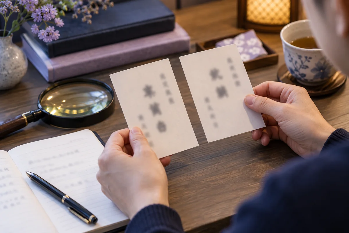 似た漢字の名前表記を慎重に確認する手元
