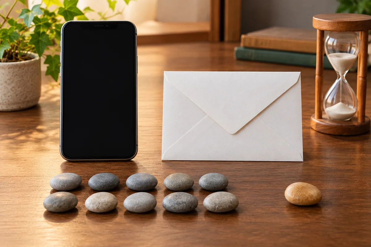 スマートフォンと封筒と砂時計を並べて電話とメールの予算を比べるイメージ