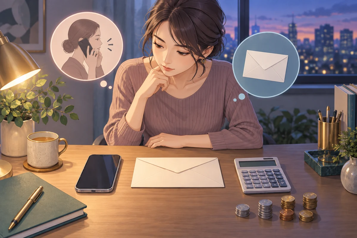 電話とメール相談の時間と予算を確認する女性