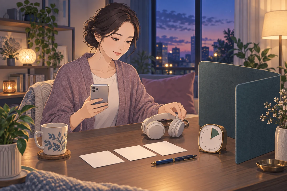 質問カードとタイマーを用意して電話相談を準備する女性