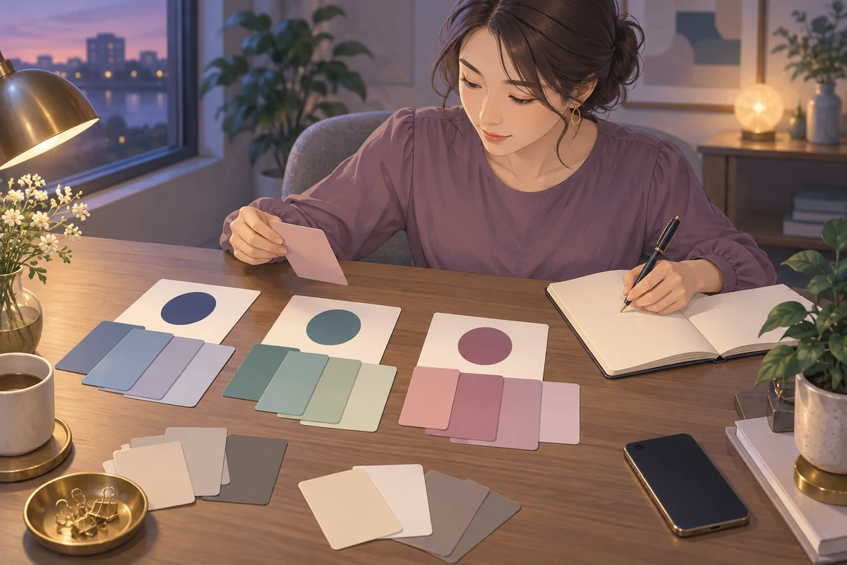 複数の口コミカードを相談テーマ別に整理する女性