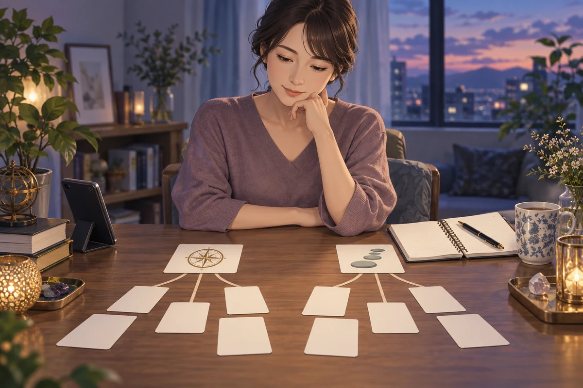 二つの選択肢をカードとコンパスで整理する女性