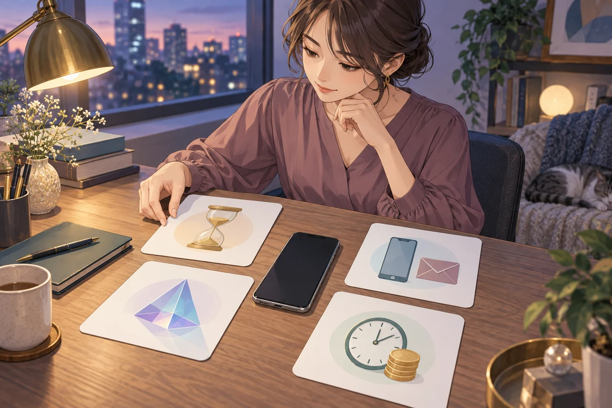 スマートフォンとカードで渦羅先生の情報を整理する女性