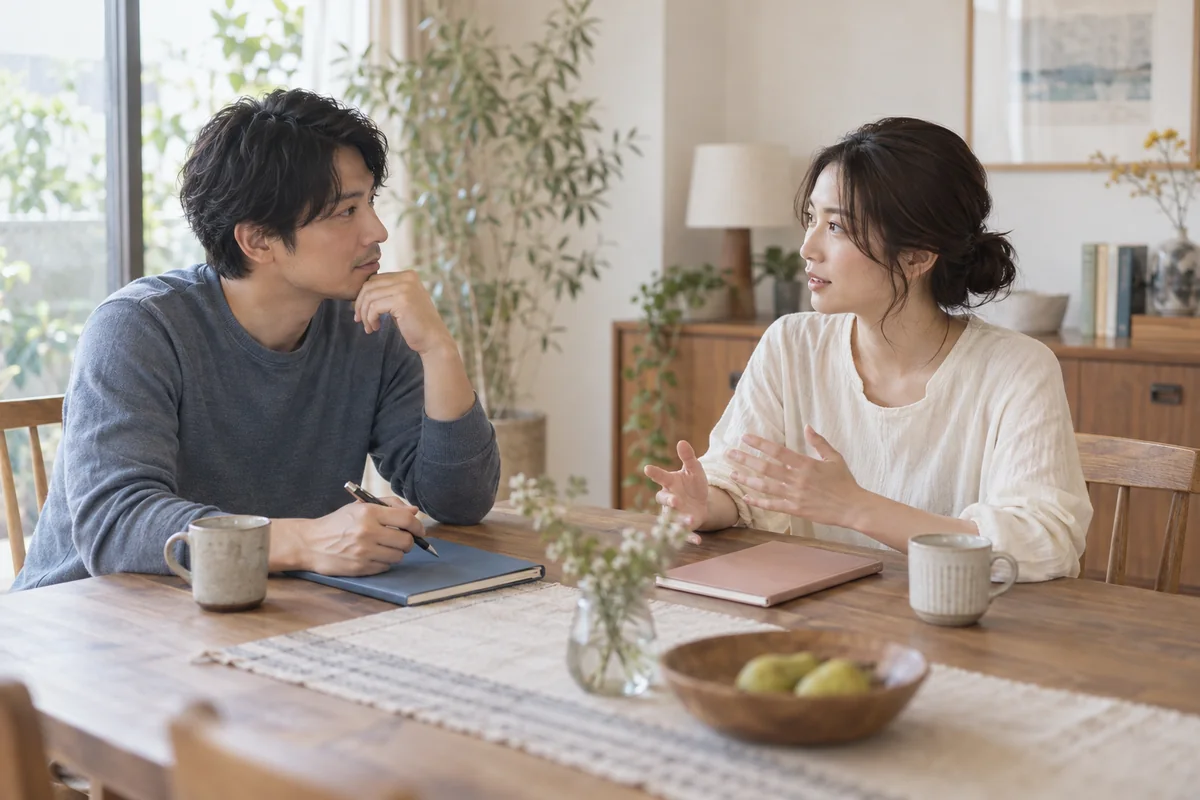価値観の違いについて落ち着いて話し合うカップル
