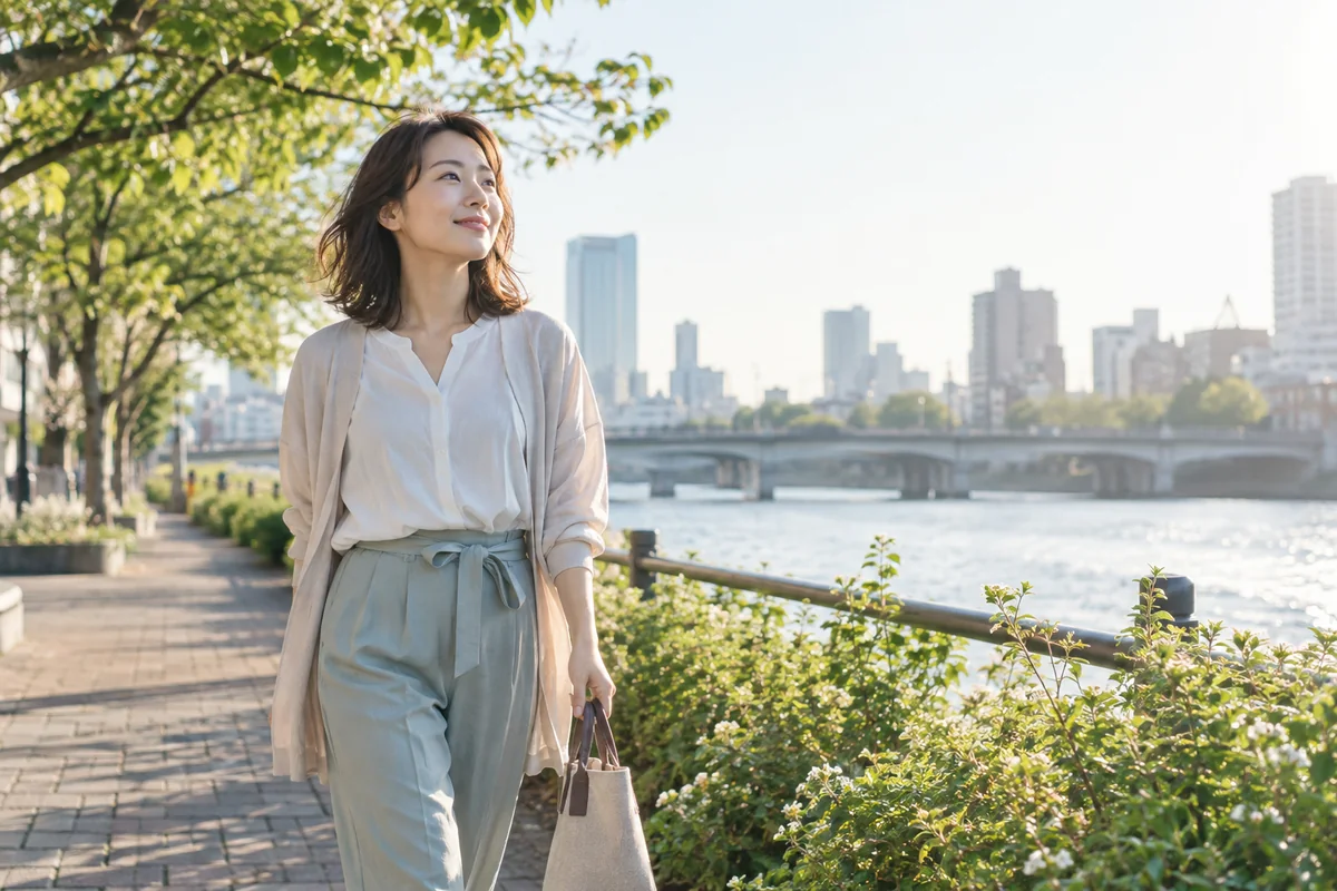価値観の違いで別れた後に朝の散歩を始める女性