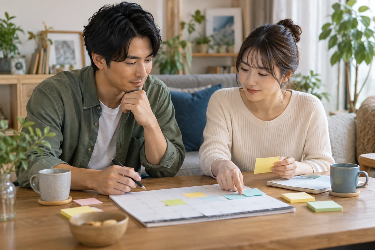 二人で付箋とカレンダーを使い話し合いを整理する場面