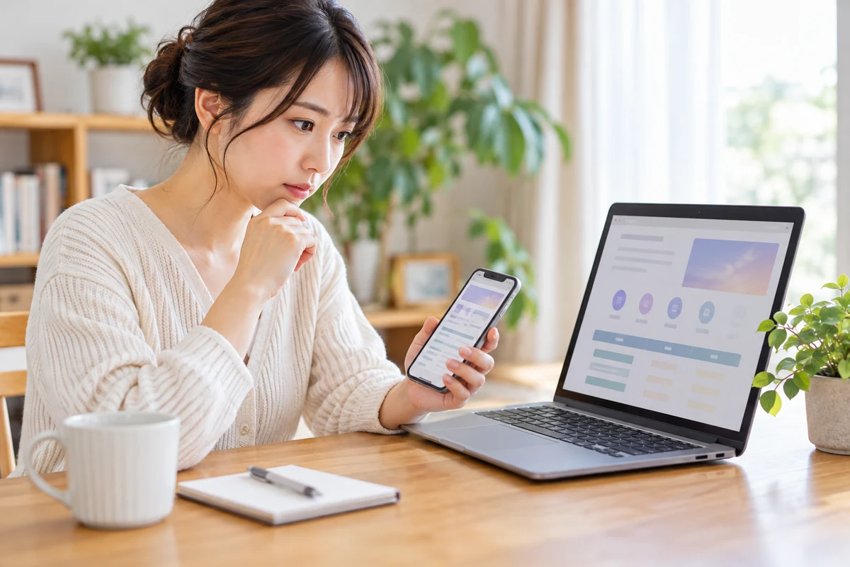 電話占いウィルの会社情報と料金を確認する女性