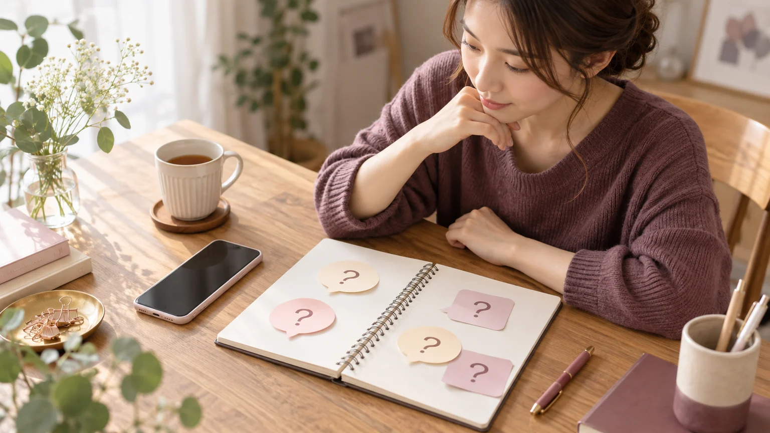 電話相談前の疑問をノートで整理する女性のイメージ