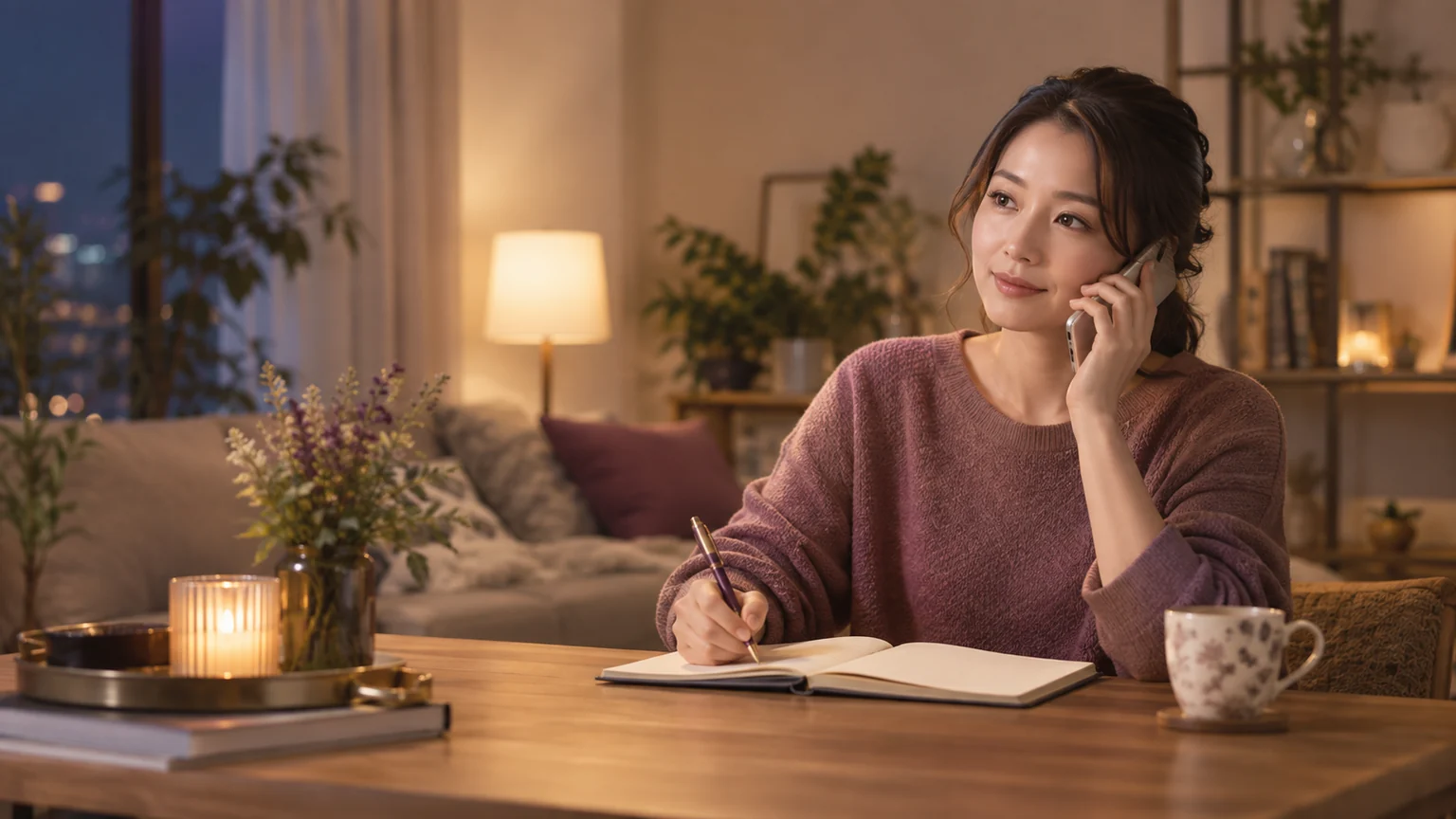 電話占いで相談しながらノートを取る女性のイメージ