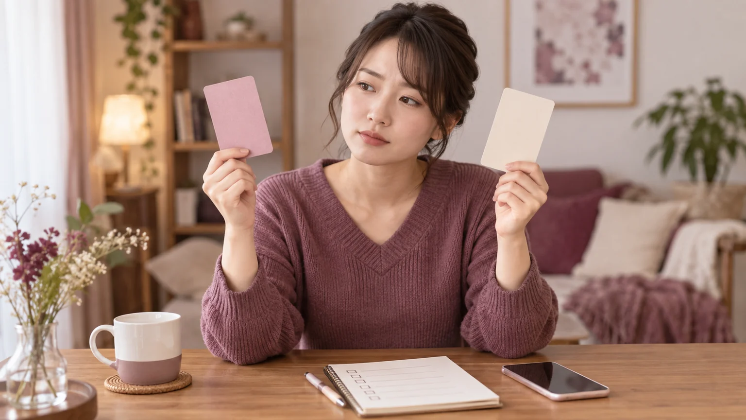 電話相談が自分に合うか二つの選択肢を比べる女性のイメージ