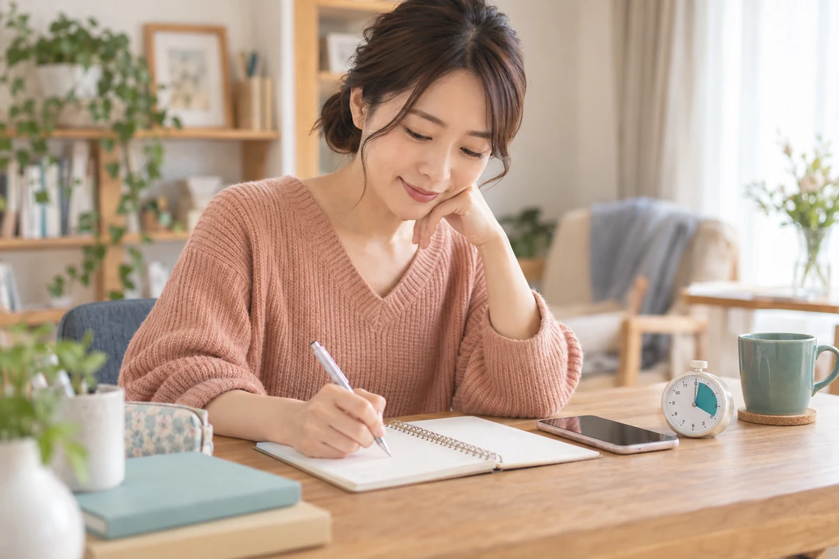 電話相談前に質問と予算を整理する女性のイメージ