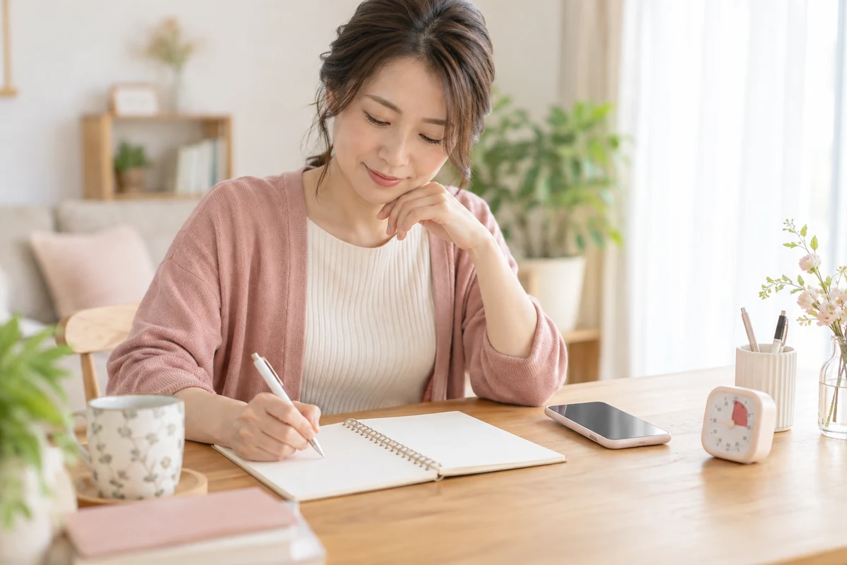 電話相談前に質問と予算を整理する成人女性のイメージ