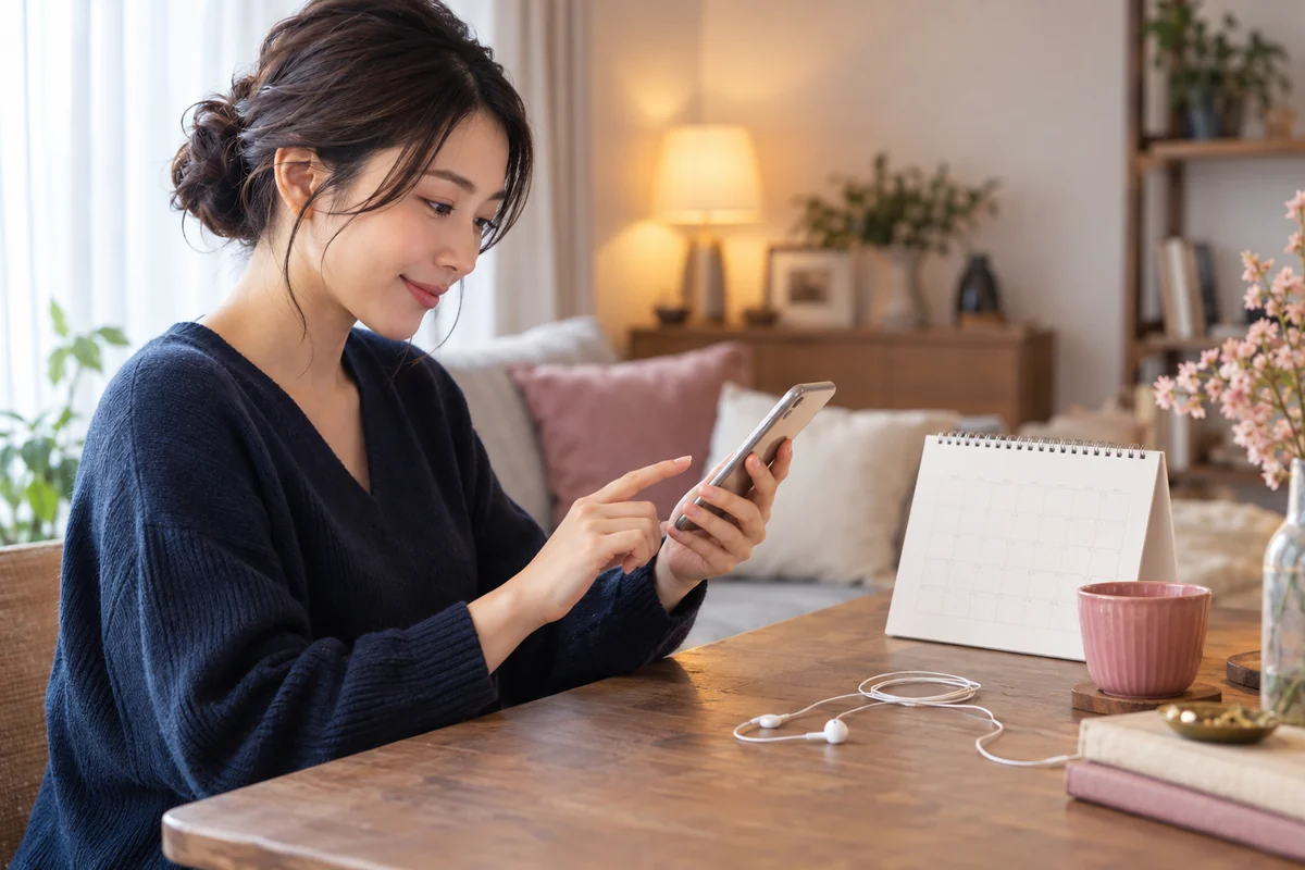 スマートフォンの予定表を見ながら電話鑑定を予約する女性