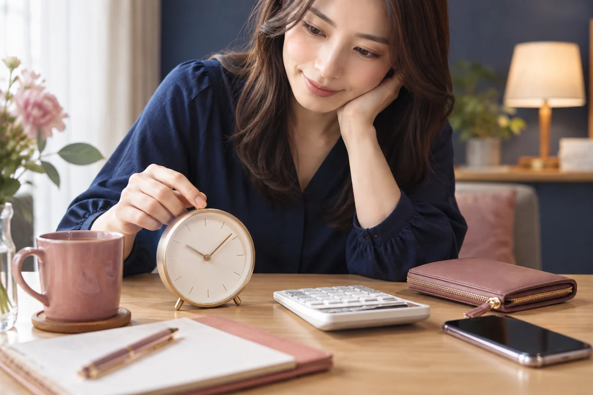 電話相談の時間と予算を時計と電卓で確認する女性