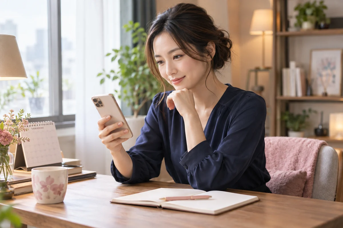 電話占いの公式プロフィール項目を落ち着いて確認する女性