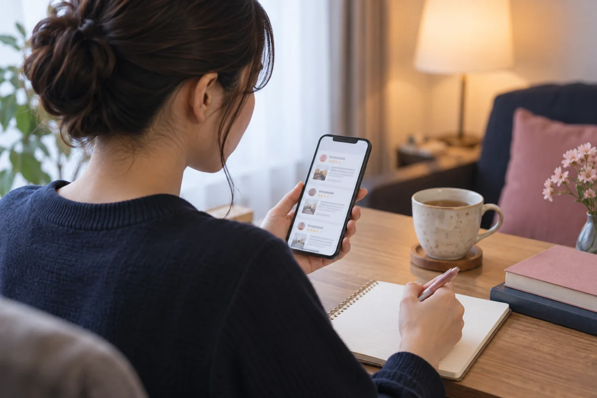 スマートフォンで複数の占い口コミを比較して読む女性