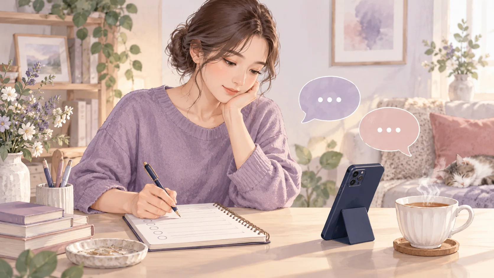 電話占いの相談前に聞きたいことをノートへ整理する女性