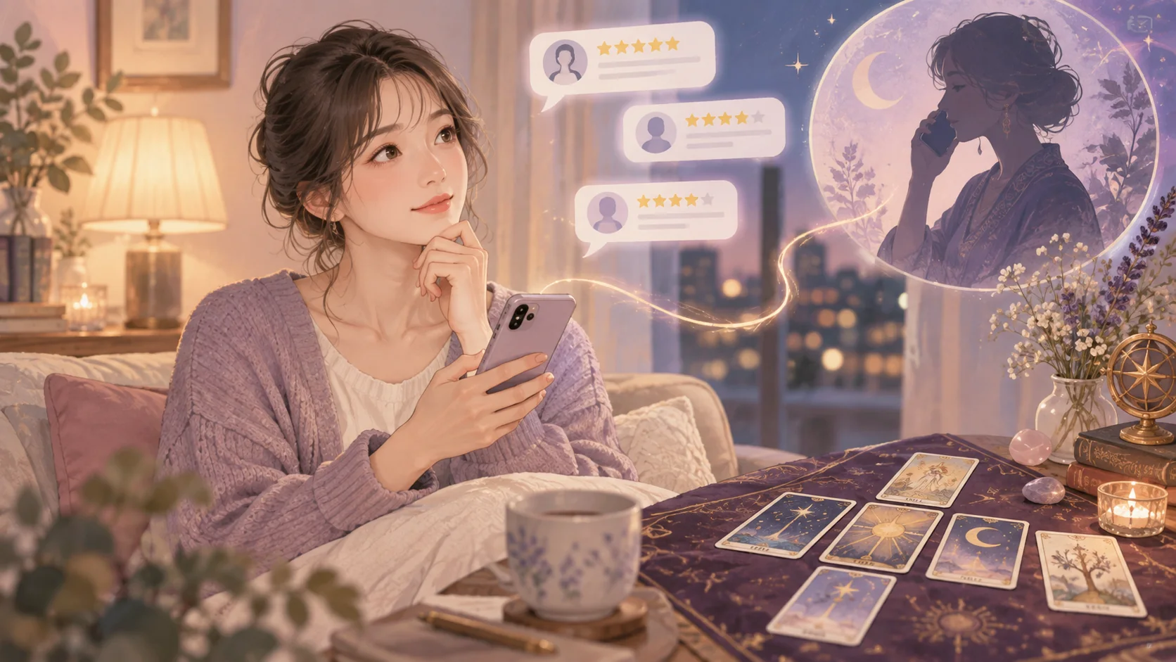 スマートフォンで電話占いの口コミと相談を検討する女性