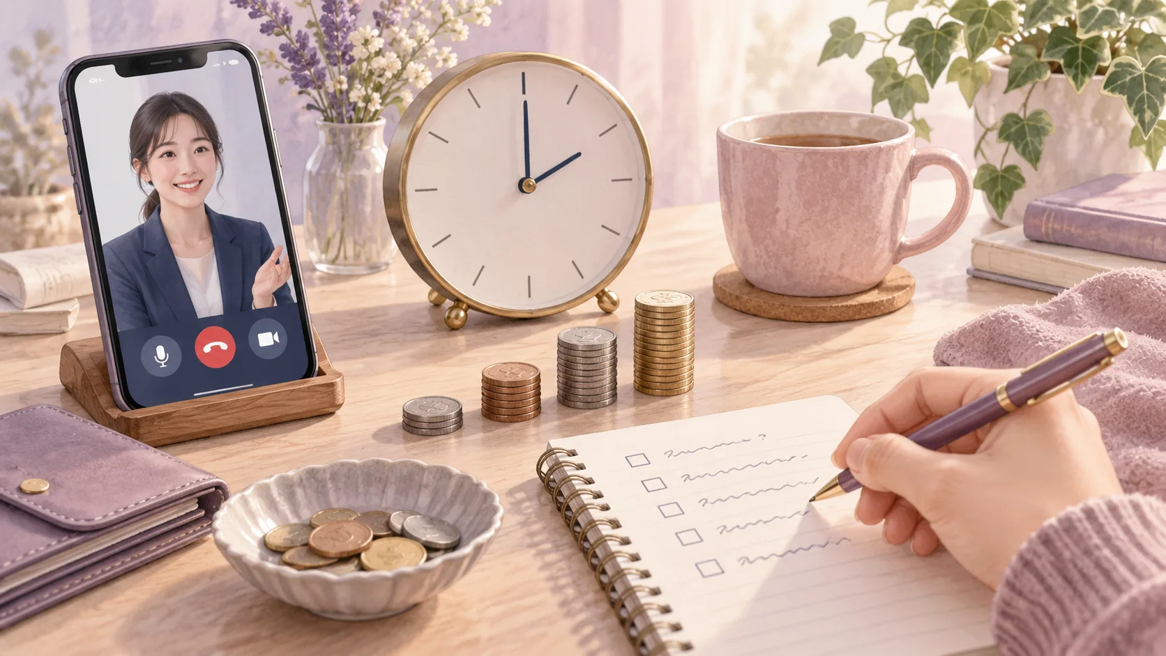 電話占いの時間と予算をスマートフォンや時計で計画するデスク