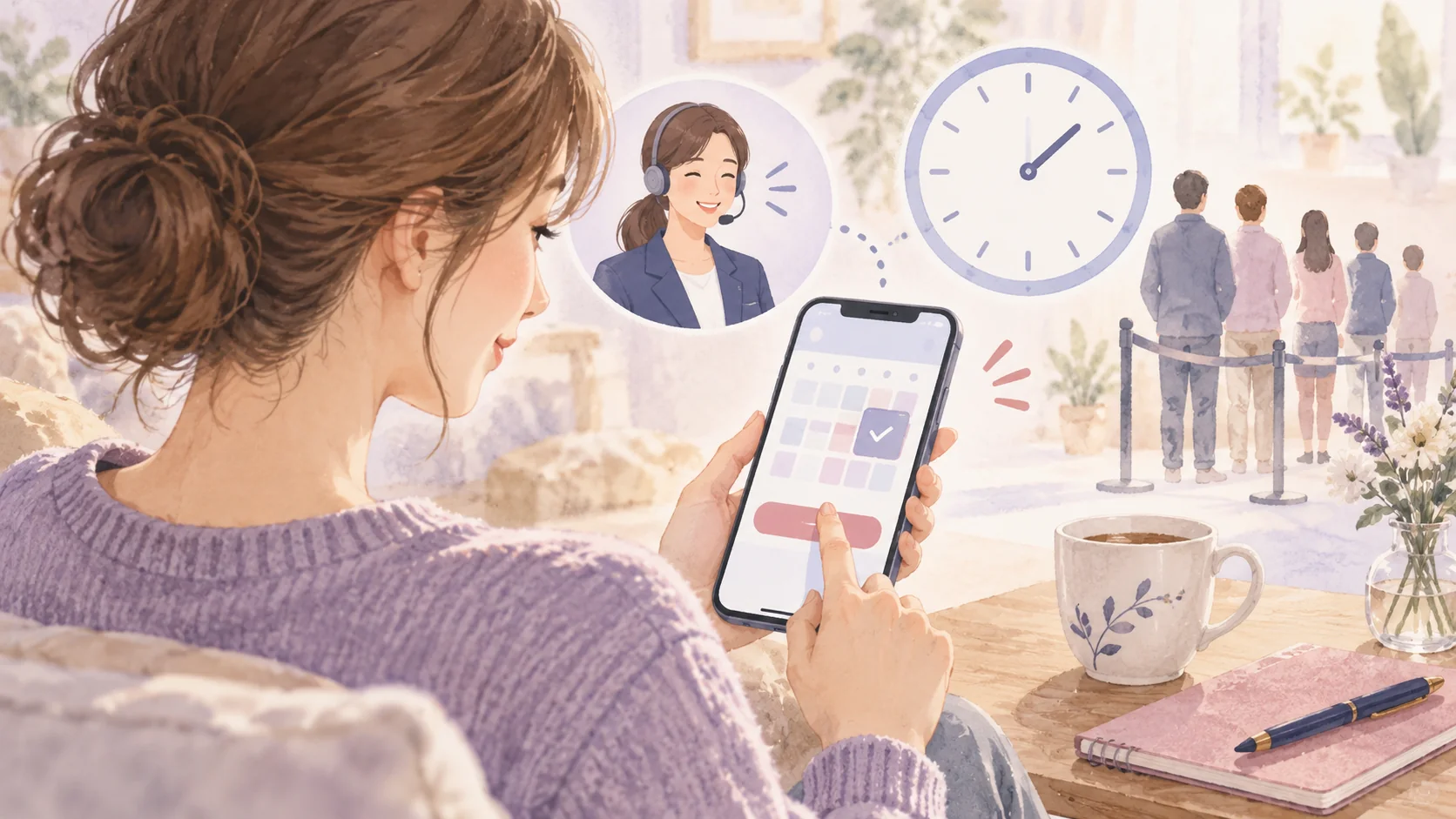 スマートフォンで電話占いの待機予定と予約順を確認する女性