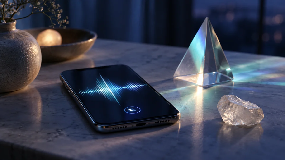 音声を表すスマートフォンと光の反射で鑑定スタイルを表現したイメージ