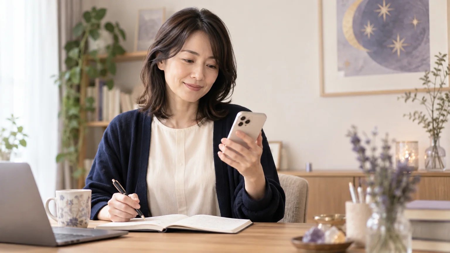 電話占いヴェルニの翔先生について公式情報を確認する女性