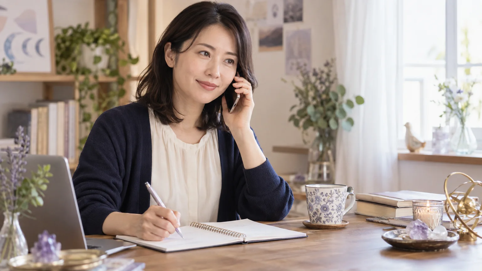 電話で相談しながら要点をメモするイメージ
