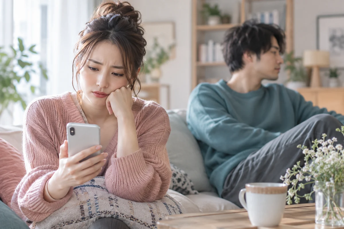 スマートフォンを見ながら複雑な気持ちになる女性