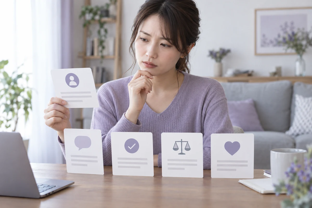 複数の口コミを比較して判断材料を整理する成人女性