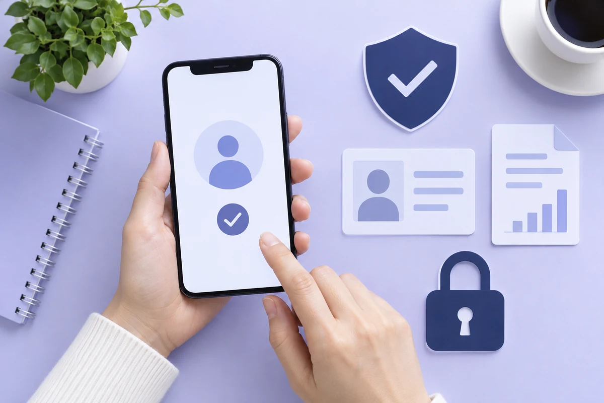 本人確認と通報機能を確認するスマートフォンと盾