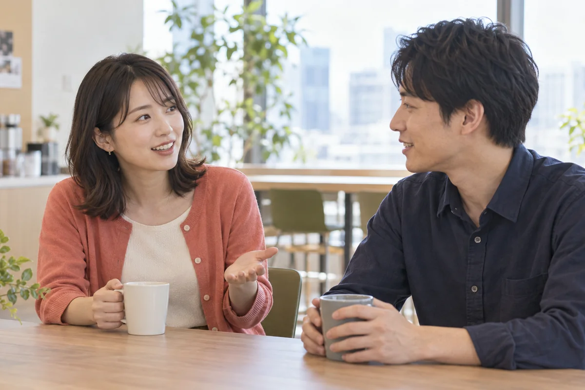 好きな人の近くで笑顔で会話を続ける女性