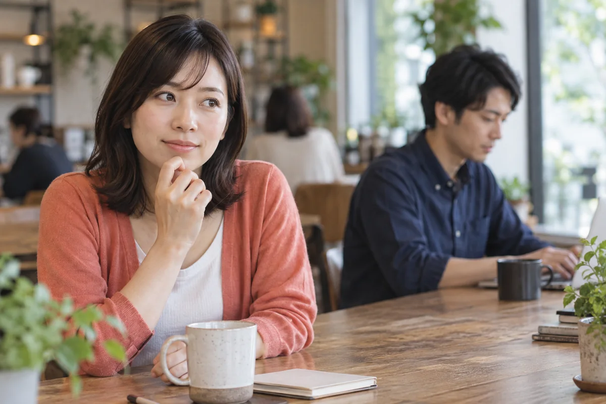 好きな人の近くで話しかけるか迷う女性