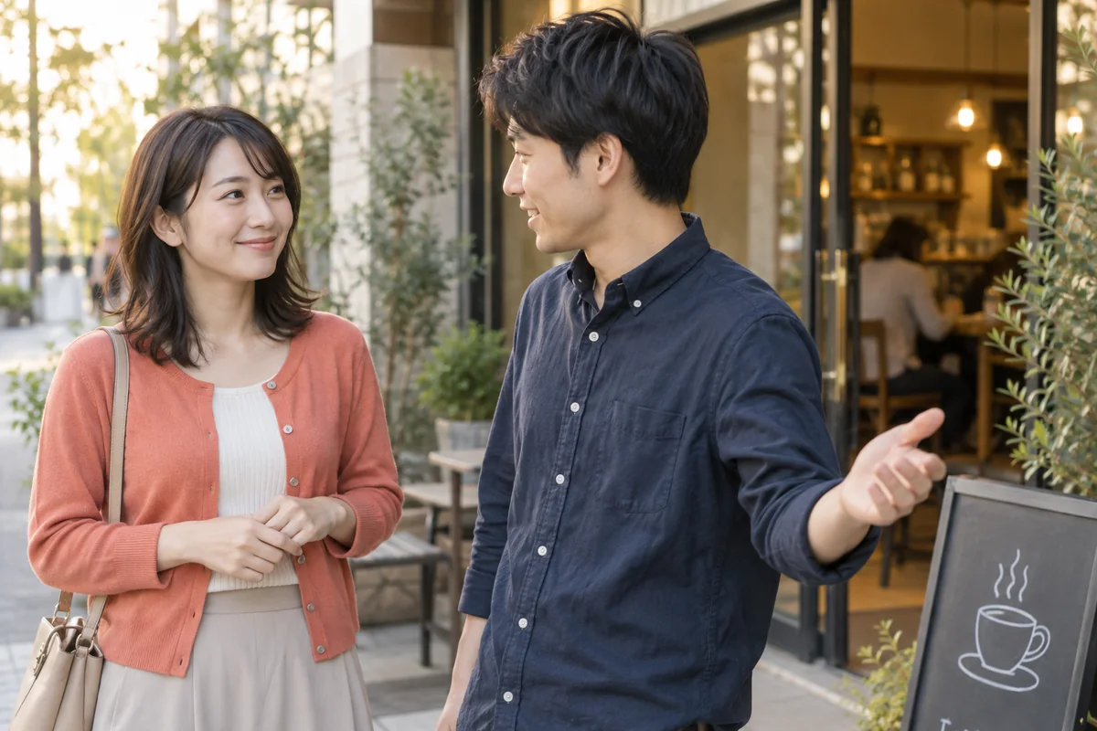 会話の流れから短い休憩へ誘う男性と笑顔で応じる女性