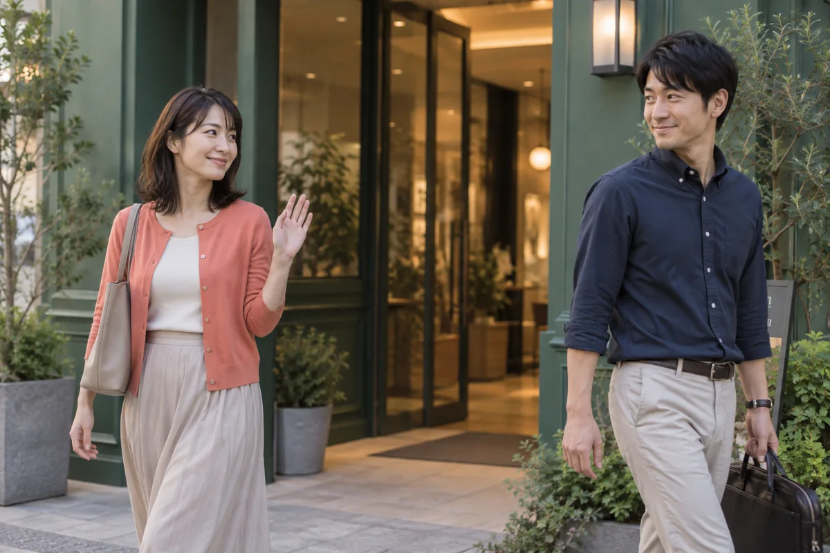 自然な会話を終えて次の約束へ進む男女