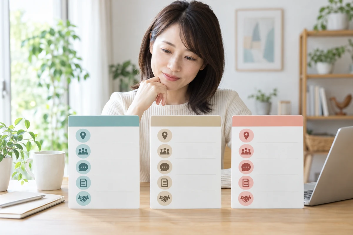 三つの探偵相談条件を同じ基準で比較する成人女性のイメージ