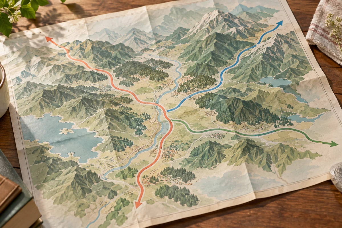 盆地と山間部と県境を含む山梨の調査移動範囲を抽象地図で整理するイメージ