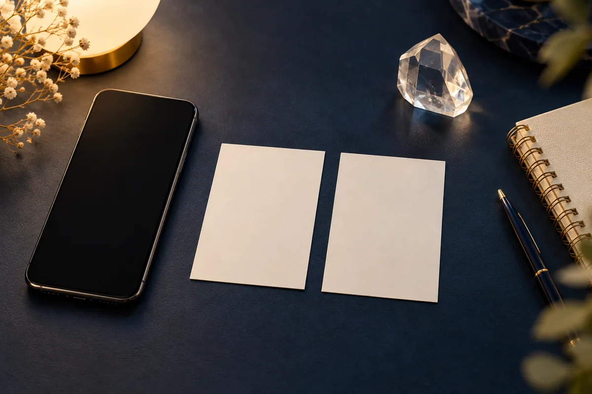 唯還先生への二択相談前にスマートフォンと二枚のカードを用意するイメージ