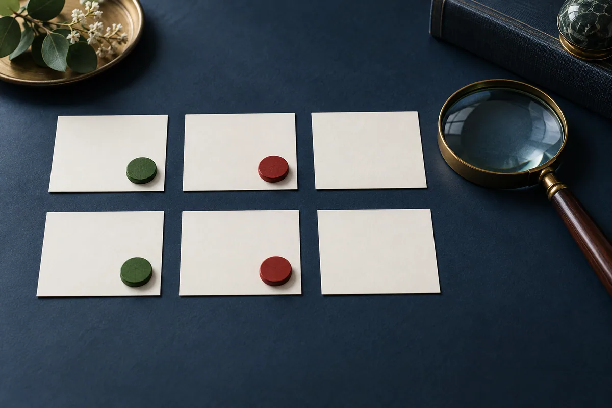 六つの口コミカードを結果の段階ごとに読み比べるイメージ