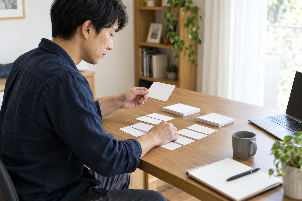 複数の無地レビューカードから感想と事実を分ける相談者のイメージ