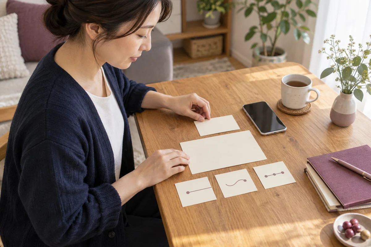 ニックネームと一つの質問をカードに書いて相談準備をする女性のイメージ