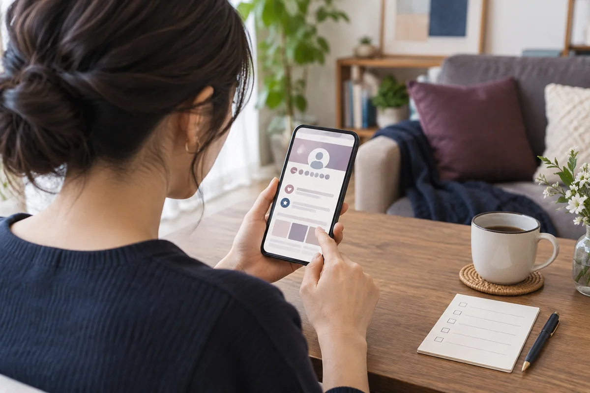 スマートフォンで結命千華先生のプロフィールと料金を確認する女性のイメージ
