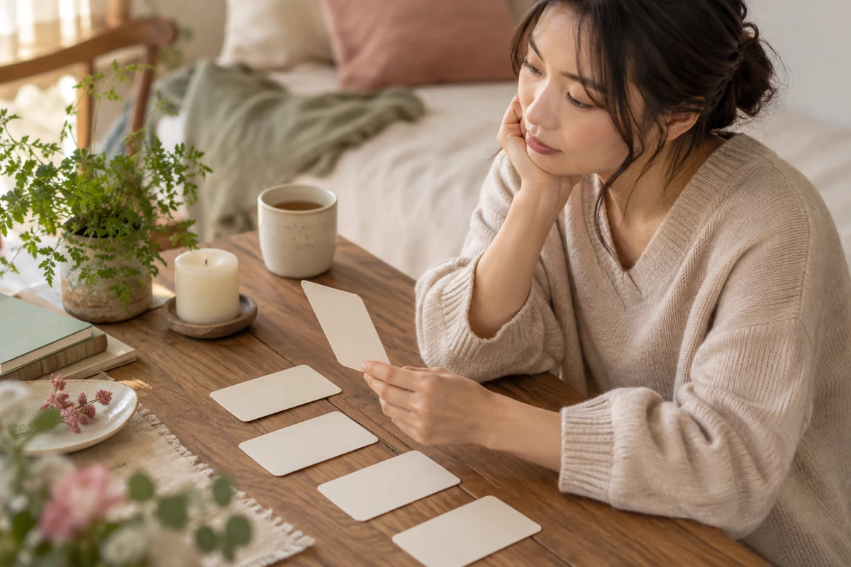 恋愛中の感情を白紙のカードで整理する女性