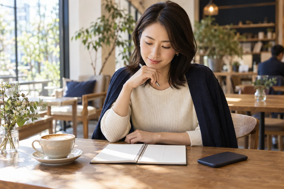 恋愛の事実と自分の希望をノートで整理する女性