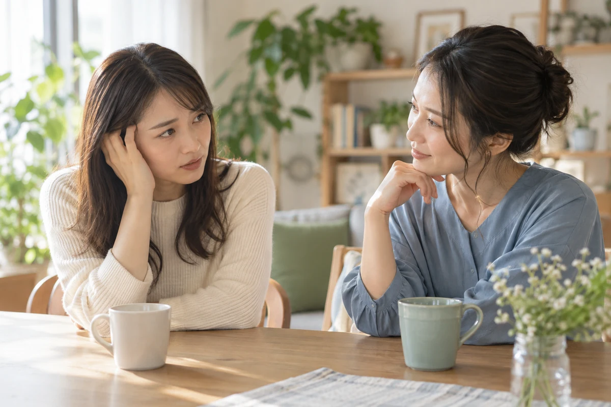 頭痛と恋愛の悩みを信頼できる人に相談する女性