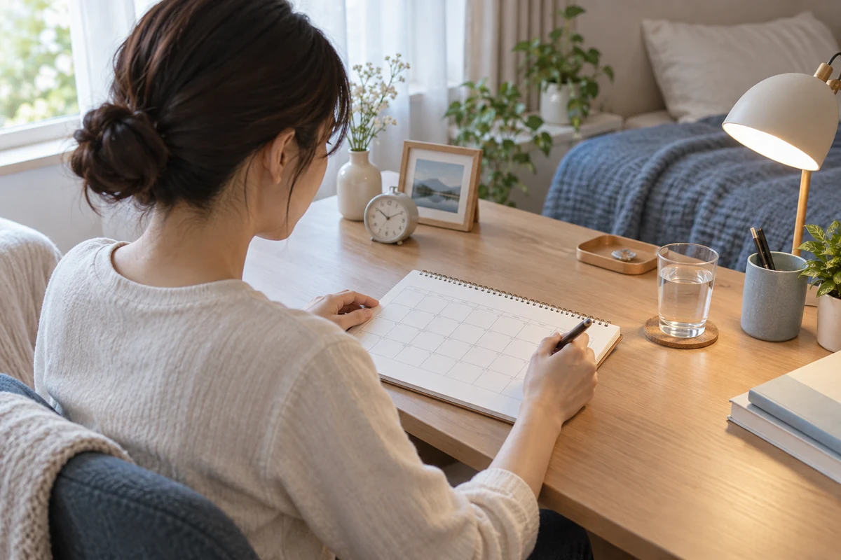 頭痛の時間や状況を記録する女性