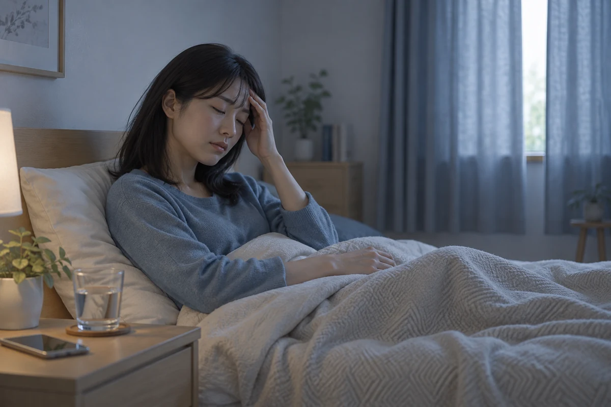 頭痛がある時に静かな部屋で休む女性