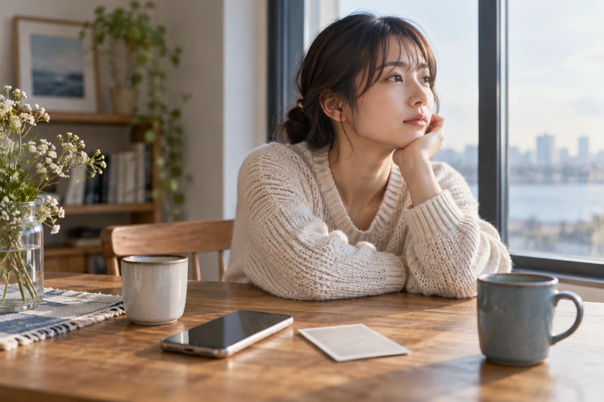 片思いや復縁など恋愛の状況を静かに振り返る女性