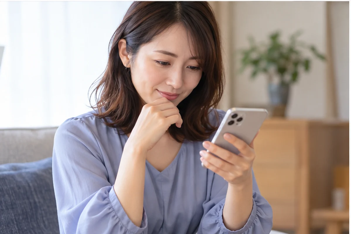 スマートフォンでツヴァイのパーティー・イベントの安全項目を確認する女性