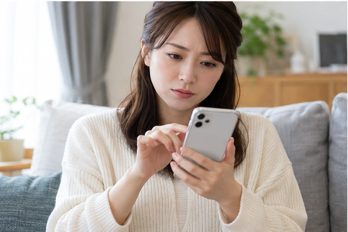 スマートフォンでツヴァイの口コミ・評判の安全項目を確認する女性